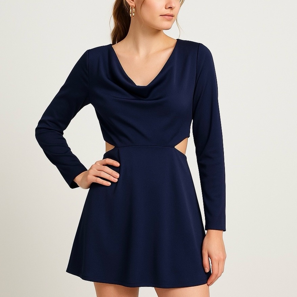 Asos Cowl Neck Cutout Mini Dress Size 8 Navy Blue Long Sleeve Holiday